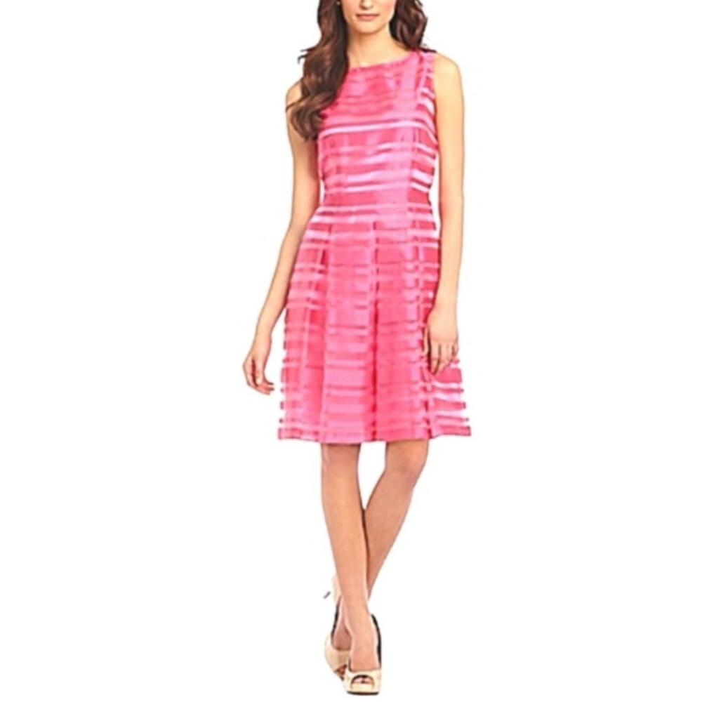 Tahari Sleeveless Fit & Flare Mini Dress in Bright Pink Satin Stripe Taffeta 8P